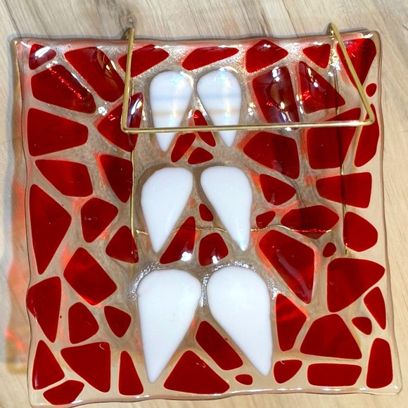 Red & white fused art glass plate. 9x9 - Picture 3 of 9